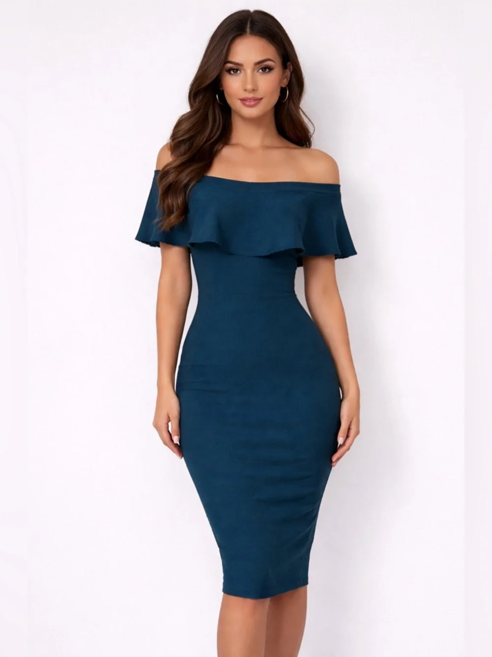 Marciano Off-Shoulder Ruffle Midi Dress in Teal - Picture 1 of 7